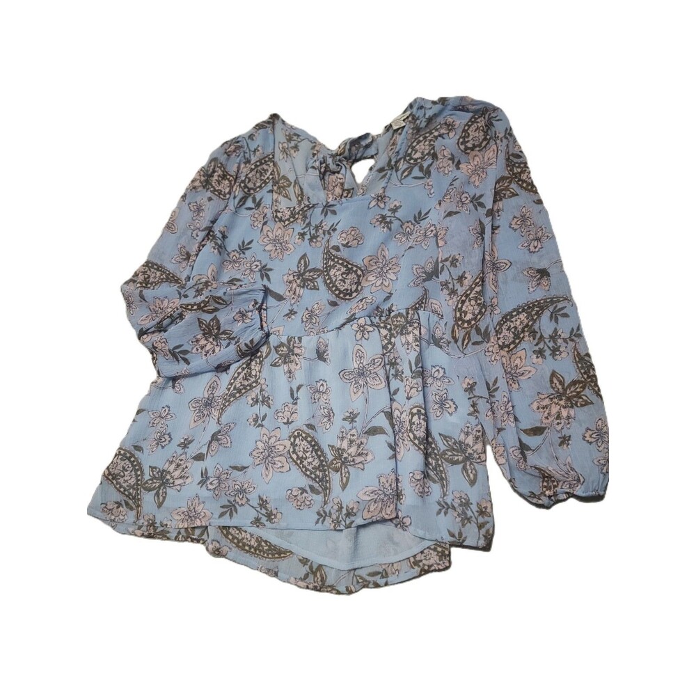 American Eagle Tie Back Babydoll Top Size S Blue Floral Long Sleeve Blouse